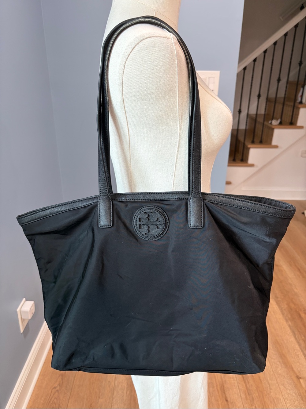 Tory Burch Ella Black Nylon Large Tote Bag Double T Logo